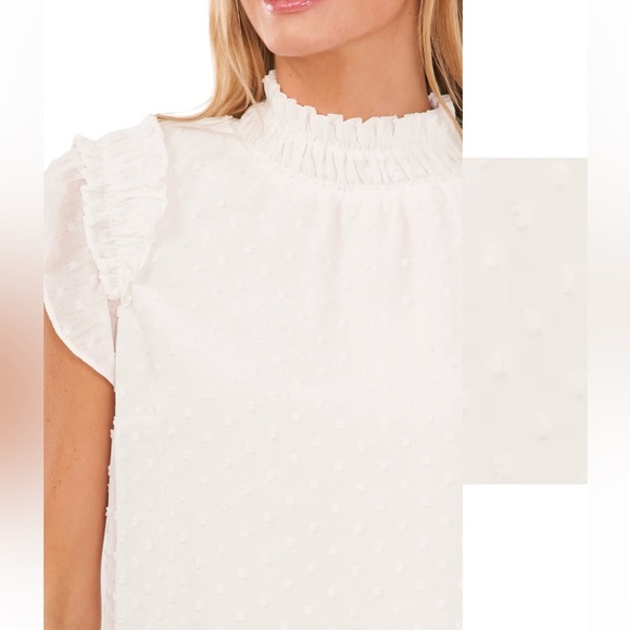 CeCe Clip Dot Ruffle Mock Neck Crepe Top in New Ivory Size M NWT - Picture 3 of 12